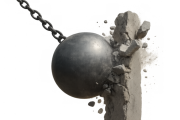 Wrecking ball impacting concrete pillar, representing demolition, destruction, change, and overcoming obstacles