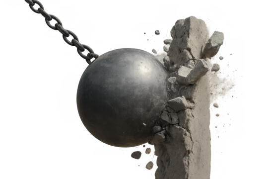 Wrecking ball impacting concrete pillar, representing demolition, destruction, change, and overcoming obstacles