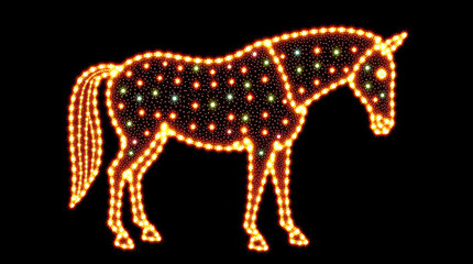 A glowing horse silhouette made of colorful lights against a dark background. The horse is outlined with bright, multicolored bulbs, creating a festive appearance.