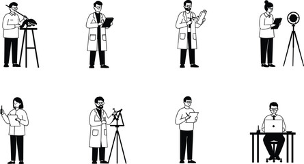 Scientist Silhouette Set Featuring Diverse Research Roles with Microscopes, Telescopes, Clipboards, and Laptops in Technical Work Scenes