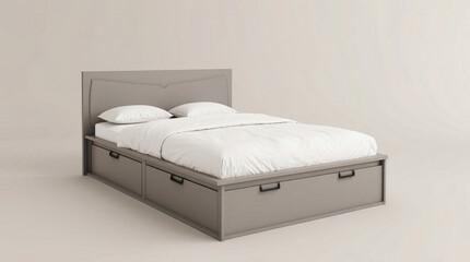 A modern gray bed with a headboard and two storage drawers underneath. The bed is made with white bedding and two pillows, set against a neutral background.