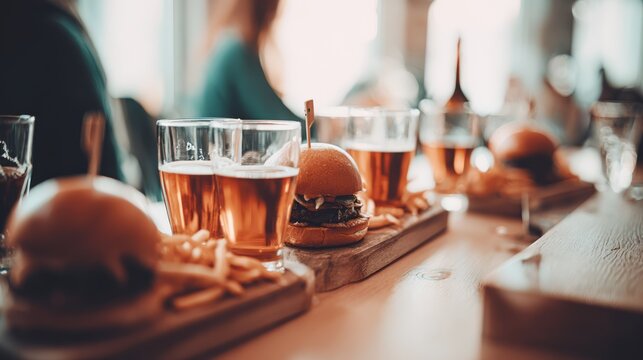 Casual burgers and beers, lively and social, enjoyed in a bustling restaurant setting.