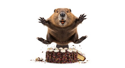 Obraz premium beaver bursting out of a birthday cake on a solid white background, dessert, celebration 