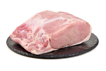Raw Pork Loin on Slate, isolated on white background