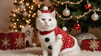 A fluffy white cat wearing a red Christmas sweater sits in front of a decorated Christmas tree with lights and ornaments. Gift boxes are placed nearby.