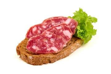 Salami on Toast with Lettuce, isolated on white background