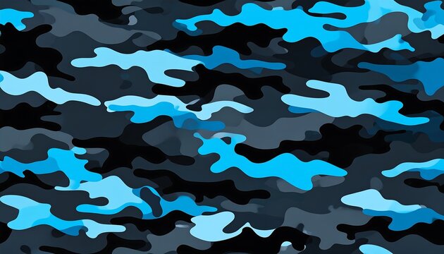 An abstract pattern features irregular shapes in various shades of blue and gray, creating a camouflage-like design. The shapes overlap