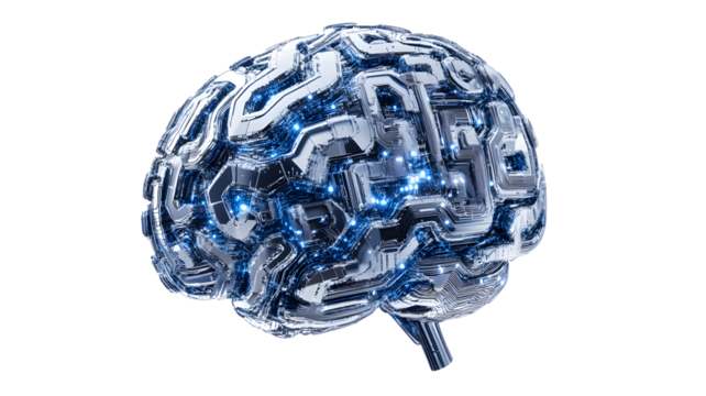 Artificial intelligence brain isolated on transparent background, futuristic concept