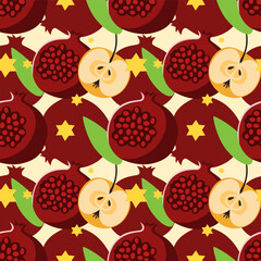 Seamless pattern with pomegranates, apples, and yellow stars on a light background. Bright and festive fruit design inspired by traditional motifs. Rosh Hashanah pattern