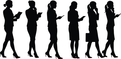 Businesswoman Silhouette Set Using Mobile Devices and Tablets in Professional Attire with Briefcases and Confident Standing Poses