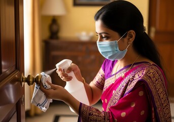 Young indian woman wearing a face mask disinfects a doorknob with a spray bottle and cloth