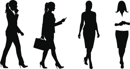 Businesswoman Silhouette Set in Walking and Thinking Poses with Handbags, Phones, and Abstract Segmented Figure in Motion