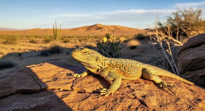 A lizard basking on sunlit rock in desert 1