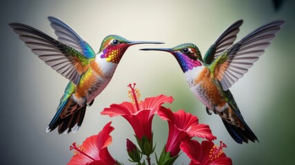 Two hummingbirds hovering near red hibiscus flowers