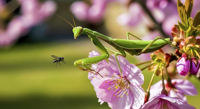  A mantis on a flower hunting prey 3 - Powered by Adobe