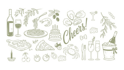 Vintage vector set illustration of hand drawn wine glasses, tea and coffee cups, flowers and leaves for doodle pattern design