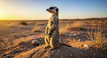  A meerkat standing alert on a mound in the desert 1
