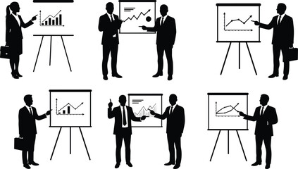Business Presentation Silhouette Set Featuring Professionals with Charts, Graphs, Briefcases, and Data Boards in Corporate Strategy Scenes