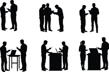 Business People Silhouette Set Collaborating Around Podiums and Tables with Mobile Devices, Laptops, and Professional Gestures in Discussion