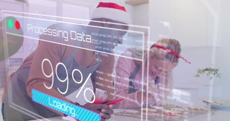 Couple decorating cookies using icing bags overlay showing loading progress tracking baking in tech - Powered by Adobe