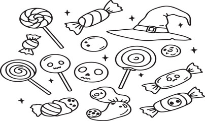 A collection of various halloween themed candies and sweets including lollipops gummy bears donuts and wrapped candies illustrated in a simple line drawing style isolated on white background.