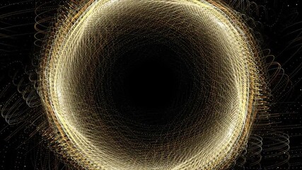 A glowing circular vortex of golden particles and light trails forms a radiant, symmetrical ring of motion. The abstract design evokes energy, frequency, and digital harmony. - Powered by Adobe