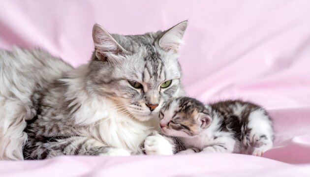 An endearing scene showcasing a mother cat and its newborn kitten nestled together on a soft, pink fabric. The mom cat's gaze is focused on the kitten