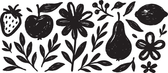 Food Banner with Black Grunge Fruits, Leaves and Flowers. Black sketched inked artistic elements . Hand drawn organic nature set © amna