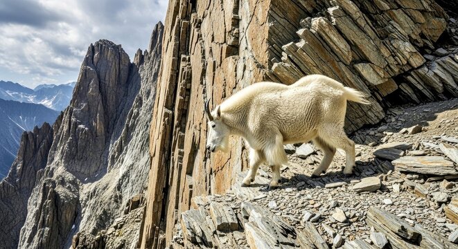 A mountain goat navigating sheer rocky cliff ledges 3 - Powered by Adobe