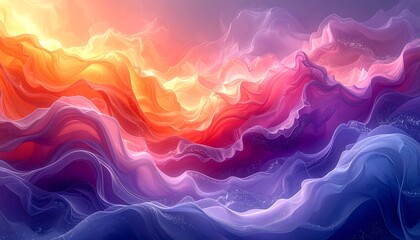 An abstract composition of swirling, luminous colors that resemble ethereal clouds or flowing fabric. It transitions from warm oranges to cool blues