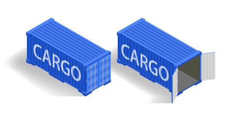 Isometric blue cargo container for shipping. Set of open and closed. Isolated on a white background. Vector template.