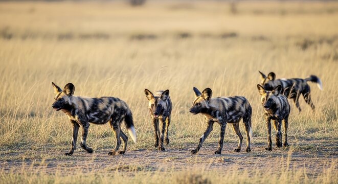 A pack of African wild dogs hunting in savanna heat 4