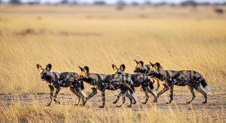 A pack of African wild dogs hunting in savanna heat 1