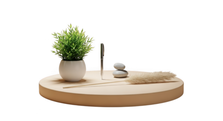 Small potted plant and decorative items on a circular wooden stand for home decor