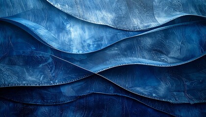An abstract composition of undulating, layered forms in varying shades of blue creating a fluid, textural effect reminiscent of waves