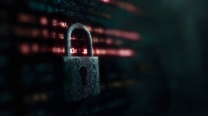 A digital padlock icon on a dark background with glowing lines of code symbolizing data security and cyber protection