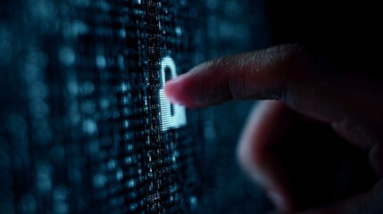 Finger touching a glowing digital padlock icon on a dark screen displaying binary code symbolizing cybersecurity and data protection