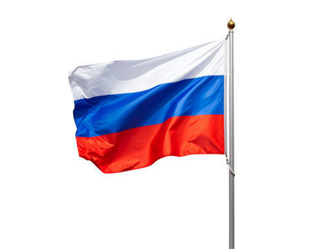  Russian National Flag Waving in Full View, Isolated on White Background 