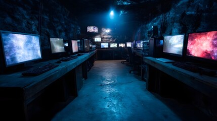 An underground bunker or cave room filled with multiple computer workstations screens glowing with abstract cosmic displays