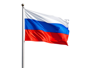  Russian National Flag Waving in Full View, Isolated on White Background 