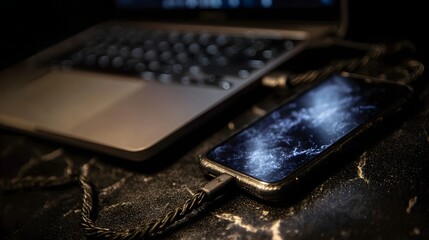A modern smartphone connected to a laptop via a braided cable illuminated by its screen s glow in a dark textured environment