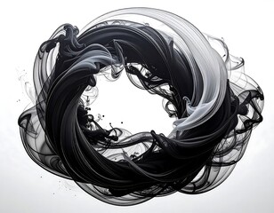 Abstract black and white smoke-like swirls forming a round, circular shape on a bright white background