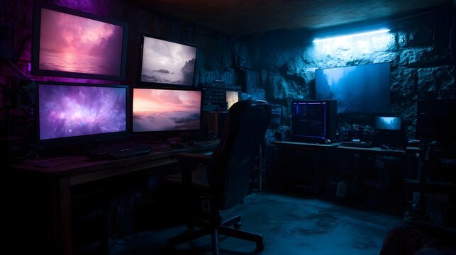 A futuristic underground gaming workstation with multiple monitors illuminated by neon lights