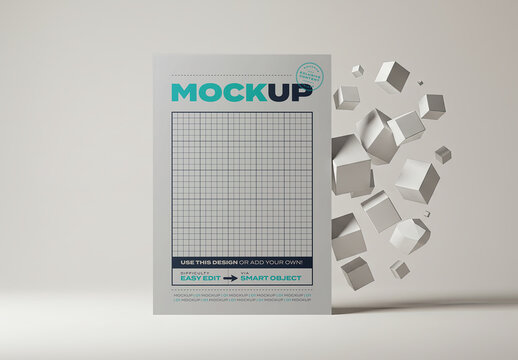 Vertical Stand Poster Mockup with Cubes Floating