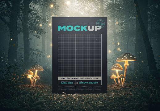 Vertical Poster Mockup on Magic Forest with Mushrooms