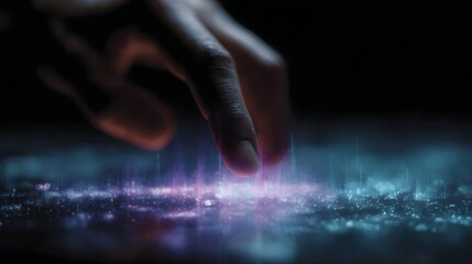 Finger activating a glowing digital interface with abstract data visualization