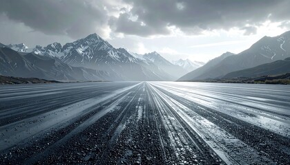An endless highway stretches towards snow-capped mountains under a moody sky, reflecting the sunlight on the wet pavement