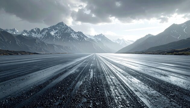 An endless highway stretches towards snow-capped mountains under a moody sky, reflecting the sunlight on the wet pavement - Powered by Adobe