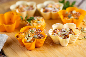 Freshly baked sweet cottage cheese dessert with pumpkin topping