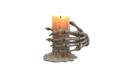 Creepy skeleton hand holding a lit, melting wax candle, isolated on a white background for a spooky Halloween or gothic theme